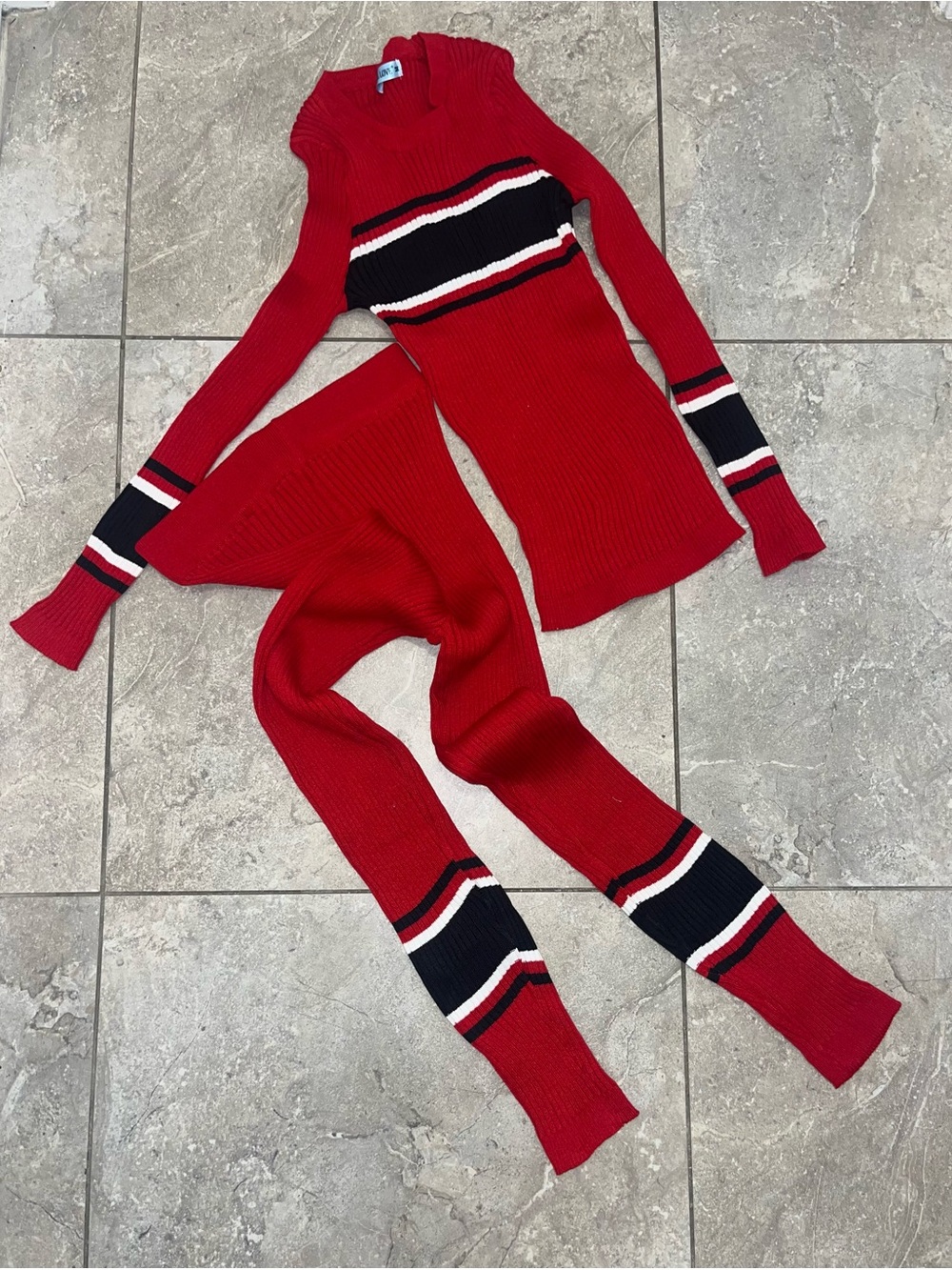 Red Ribbed Knit women top and bottom Leggings with Striped Waistband